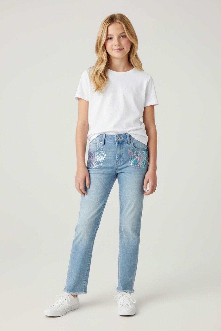 GAP Girls Size 10 Light Wash Super Skinny Ankle Jeans Sequin Pockets Raw Hem